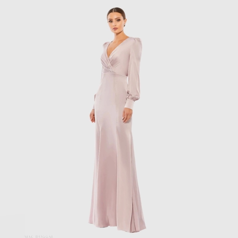 Mac Duggal 55635 NWT Pink Satin Ruched Bishop Sleeve Gown
